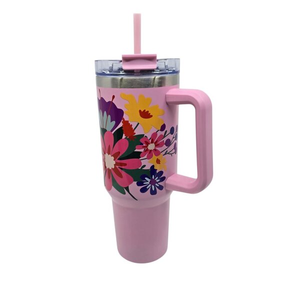 Modern Expressions Pink Floral Tumbler 45 oz. Steel w. Lid & Straw NEW - Picture 4 of 8